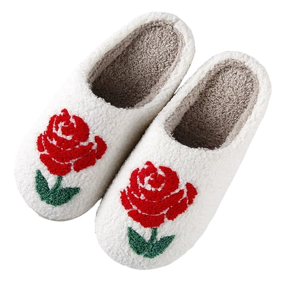 Winter House Slippers for Women Men Funny Floral Animal Print Fuzzy Warm Home Shoes Casual Indoor Slip on Slides White 8.5