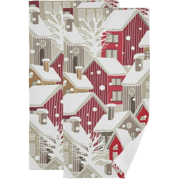 Winter House Snowy Hand Towels 2 PCS, Christmas Kitchen Towel Ultra Soft and Highly Absorbent,Decorative Fingertip Face Towel for Bathroom Hotel, 28.3"x14.4"