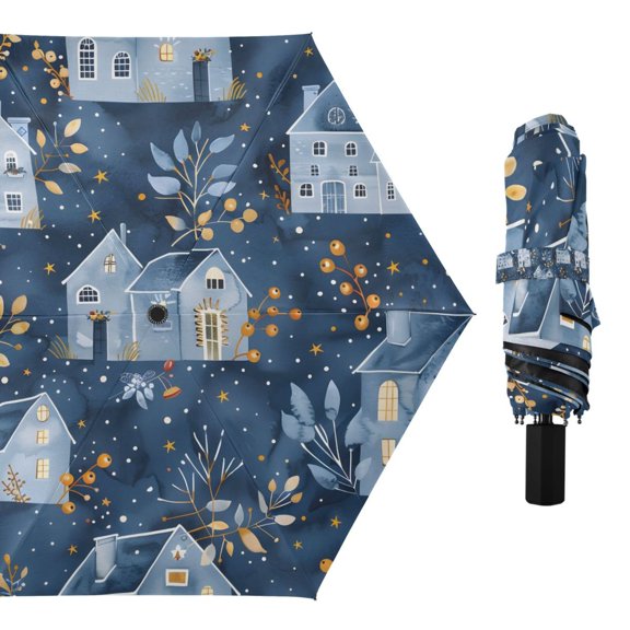 Winter Houses and Barberry Branches Compact Sun Umbrella Windproof Travel Umbrellas for Rain Strong Portable UV Protection