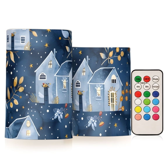 Winter Houses and Barberry Branches Flickering Flameless LED Candles set of 2 Battery Operated 18-Key Remotes Timer Halloween Fall Decor D3''xH4''5''