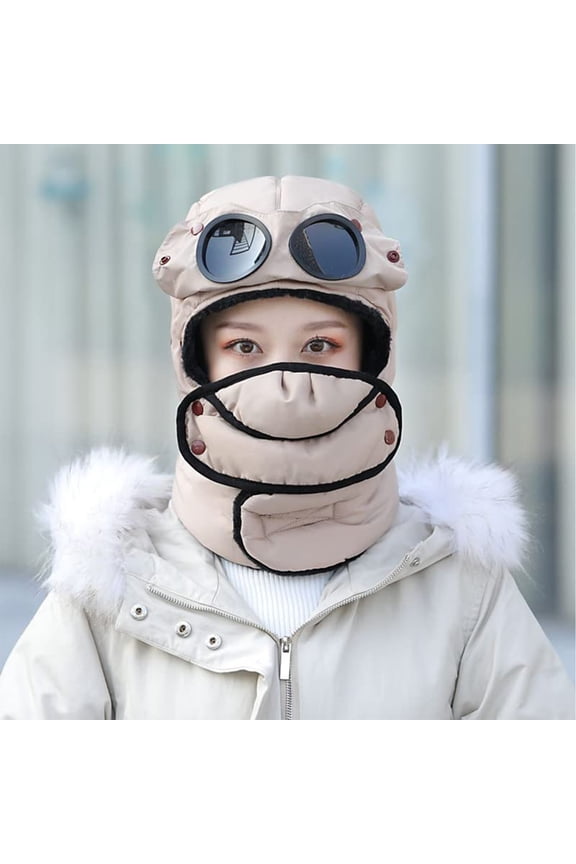 Winter Hunting Balaclava with Goggles, Full Face Cover Balaclava Ski Balaclava, Windproof for Motorcycle, Snowboarding, Airsoft. Beige 1PC