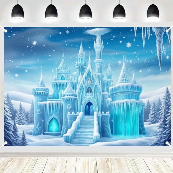 Winter Ice Castle Snow Scene Photography Backdrop, Icicle Snowflake Pine Tree Photo Background for Holiday Girl Birthday Party Decor 5x7ft
