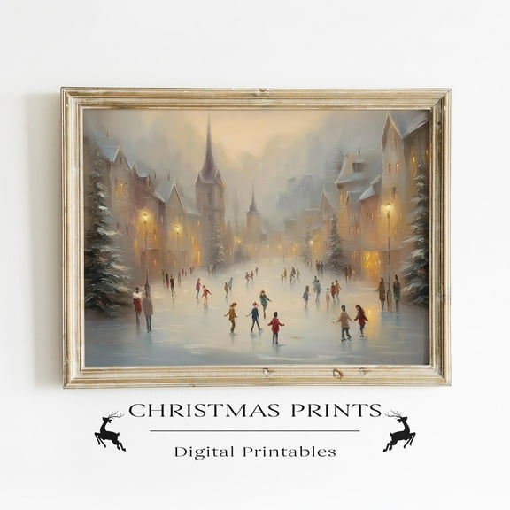 Winter Ice Skating Scene Poster Wall Art, Village Illustration Cozy Festive Decor Warm Present Vintage UNFRAMED Poster Size 8x12