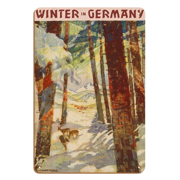 Winter In Germany - Deer in Snow Covered Forest - Vintage Travel Poster by Werner and Maria von Axster-Heudtlaß c.1936 - 8 x 12 inch Vintage Wood Art Sign