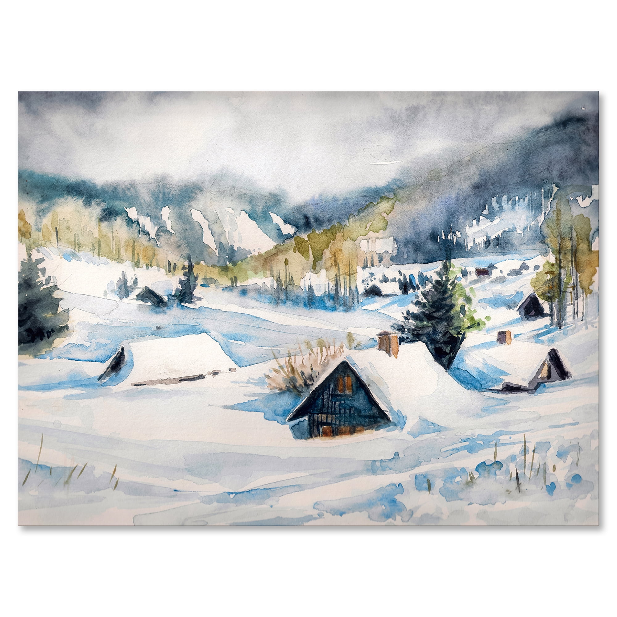 Winter In Mountain Village 12 in x 8 in Painting Canvas Art Print, by Designart
