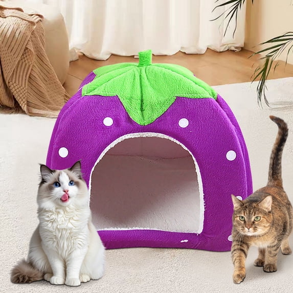 Cozy Winter Pet Tent House, Warm Foldable Cat Shelter, Padded Strawberry Design, Soft Indoor Bed For Small Dogs Cats Puppy Kitten