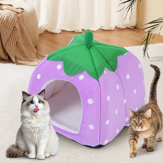 Cozy Winter Pet Tent House, Warm Foldable Cat Shelter, Padded Strawberry Design, Soft Indoor Bed For Small Dogs Cats Puppy Kitten