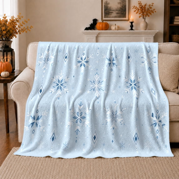 Winter Inspired Blue Snowflake Pattern, Festive Holiday Scene, Warm Flannel Blanket for Living Room and Reading Nook, Art Lovers Friendship Gift, Festive Home Decor