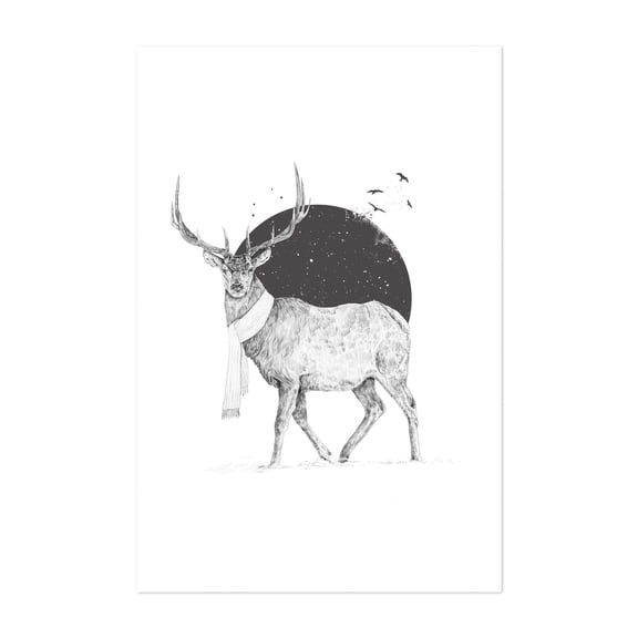 Winter Is All Around - Illustration Deer Wildlife Winter Sketch Nature Black and White Unframed Wall Art Print 24 x 36 inches