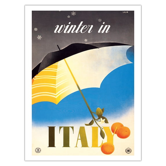 Winter in Italy - Italian Tarocco Blood Oranges under an Umbrella - Vintage Travel Poster by Alfredo Lalia c.1951 - Bamboo Fine Art 290gsm Paper (Unframed) 12x16in