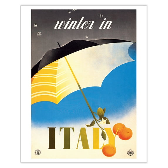 Winter in Italy - Italian Tarocco Blood Oranges under an Umbrella - Vintage Travel Poster by Alfredo Lalia c.1951 - Fine Art Matte Paper Print (Unframed) 16x20in