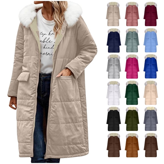 Winter Jacket Coats for Women Long Winter Coat Puffer Jacket with Detachable Hood and Pockets Fleece Lined Long Fluffy Parka Warm Outwear for Fall and Winter Khaki XXXL