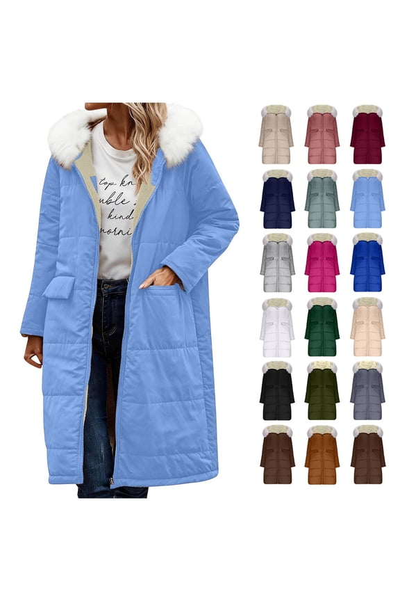 Winter Jacket Coats for Women Long Winter Coat Puffer Jacket with Detachable Hood and Pockets Fleece Lined Long Fluffy Parka Warm Outwear for Fall and Winter Light Blue XXXL