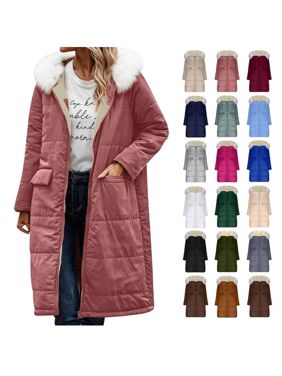 Winter Jacket Coats for Women Long Winter Coat Puffer Jacket with Detachable Hood and Pockets Fleece Lined Long Fluffy Parka Warm Outwear for Fall and Winter Pink L