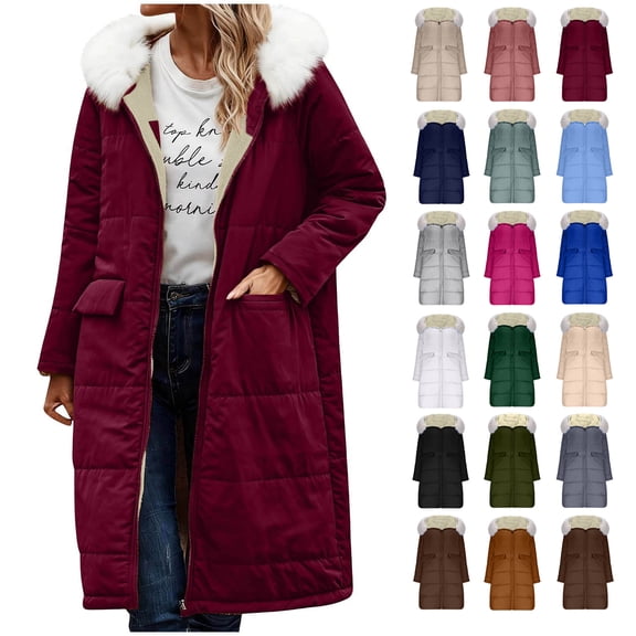 Winter Jacket Coats for Women Long Winter Coat Puffer Jacket with Detachable Hood and Pockets Fleece Lined Long Fluffy Parka Warm Outwear for Fall and Winter Wine XXXL