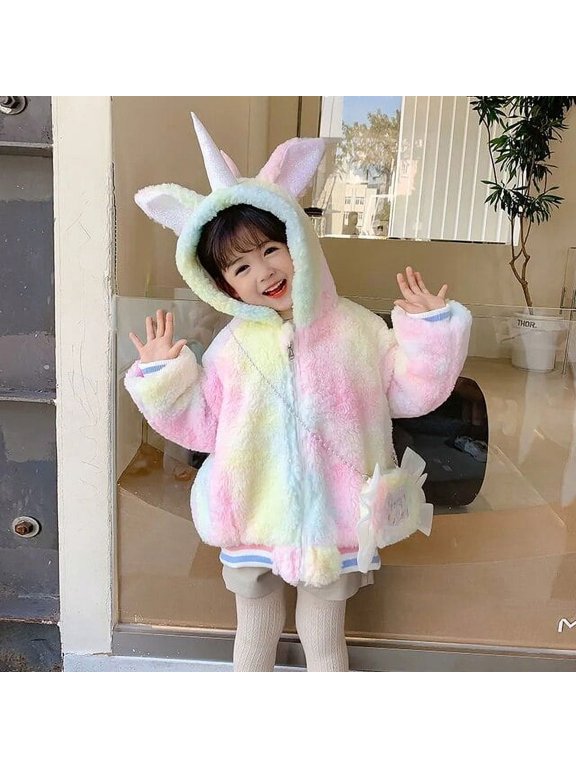 Winter Jacket For Kids Girls Coat Cute Gradient Rainbow Unicorn Jacket Thick Warm Hooded Parkas Cartoon Outerwear Clothes 2-8Y