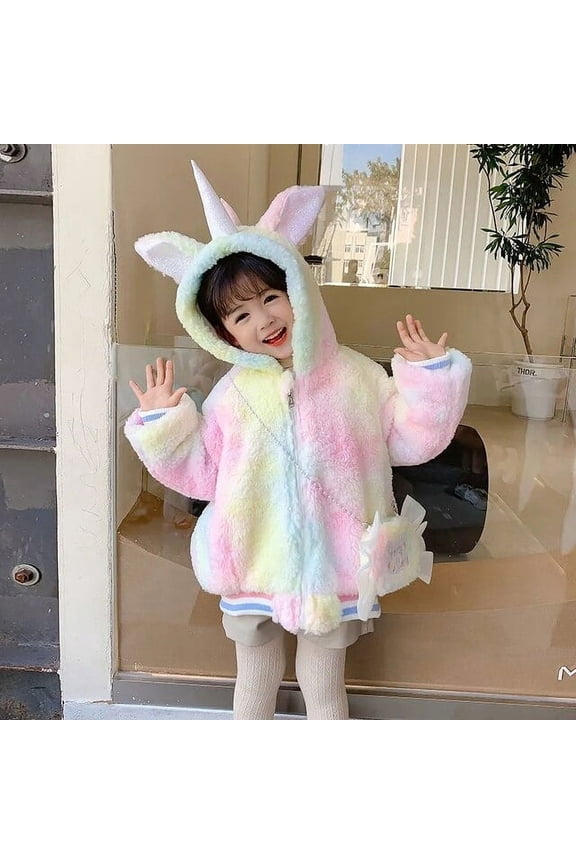 Winter Jacket For Kids Girls Coat Cute Gradient Rainbow Unicorn Jacket Thick Warm Hooded Parkas Cartoon Outerwear Clothes 2-8Y