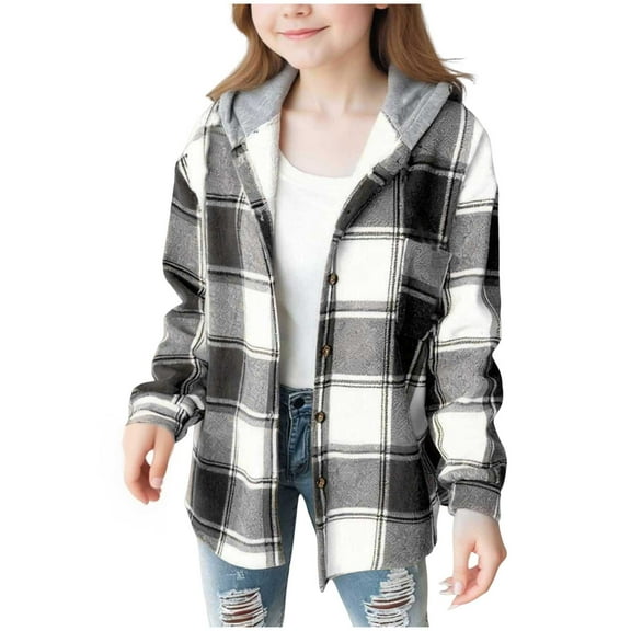 Winter Jacket Girls Girls Flannel Jacket Sherpa Lined with Hood- Plaid Casual Button Down Fashion Fall Jacket