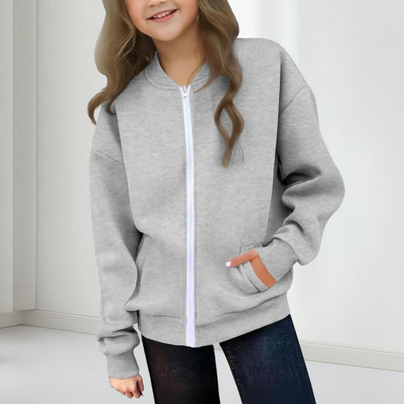 Winter Jacket Girls' Zipper Casual Trendy Long Sleeved Solid Color Warm Sports Jacket With Pockets For 5-14 Years Fall jackets Tops for Teens Casual Tops