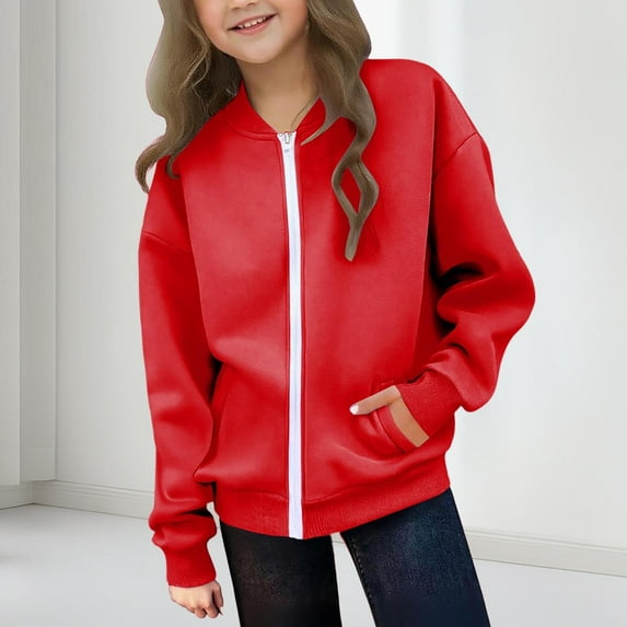 Winter Jacket Girls' Zipper Casual Trendy Long Sleeved Solid Color Warm Sports Jacket With Pockets For 5-14 YearsGirls Fleece Jacket Girls Tops Basic Tops