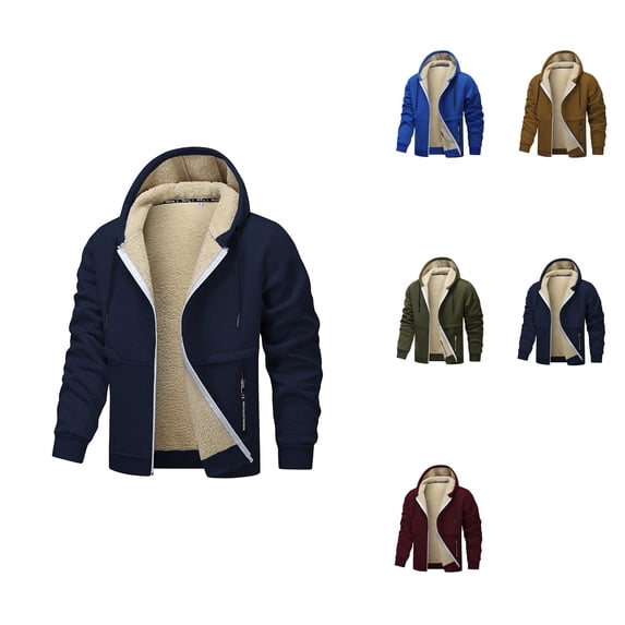 Winter Jacket Men's Lined Hoodie, Warm Casual Zip Up, Windproof Outdoor Coat, Long Sleeve Loose Outerwear