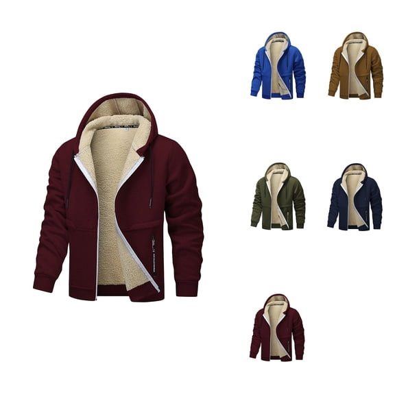 Winter Jacket Men's Lined Hoodie, Warm Casual Zip Up, Windproof Outdoor Coat, Long Sleeve Loose Outerwear