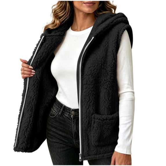 Winter Jacket Women Baeitkot Sleeveless Hooded Fleece Vest with Pockets for Winter Layering Daily Wear Black L