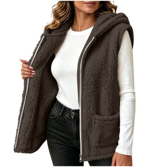 Winter Jacket Women Baeitkot Sleeveless Hooded Fleece Vest with Pockets for Winter Layering Daily Wear Brown M