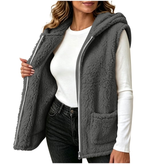 Winter Jacket Women Baeitkot Sleeveless Hooded Fleece Vest with Pockets for Winter Layering Daily Wear Gray S