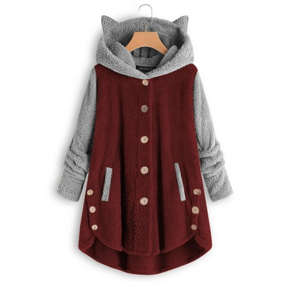 Winter Jacket for Women, Plus Size Fleece Coats for Women, Women's Cute Cat Ear Hooded Sherpa Jacket Outwear Buttton Down Fuzzy Hoodie Tops Womens Jackets Lightweight Dressy