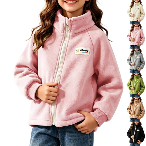 Winter Jacket for Boys Dqueduo Kids' Fleece Zip Up Stand Collar Casual Outerwear Jacket Coat For Boys Girls Pink 11-12 Years