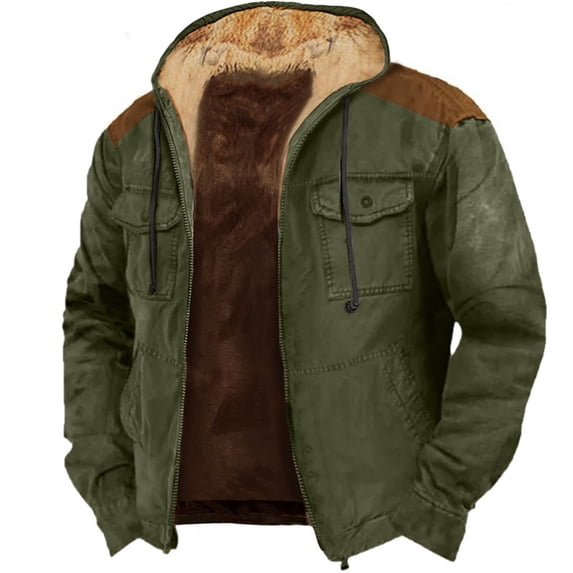 Winter Jacket for Men Fashion Mens Sherpa Lined Hooded Varsity Jacket Washed Classic Casual Distressed Trucker Jacket Army Green M