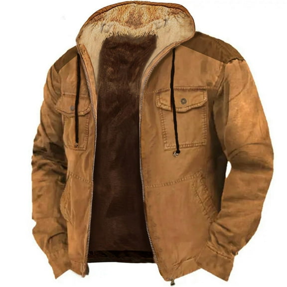 Winter Jacket for Men Fashion Mens Sherpa Lined Hooded Varsity Jacket Washed Classic Casual Distressed Trucker Jacket Brown M