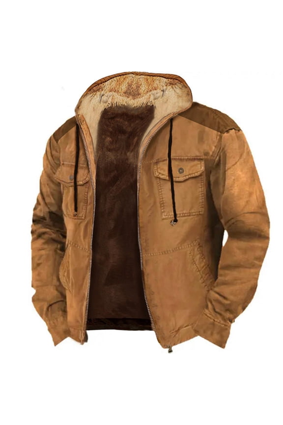 Winter Jacket for Men Fashion Mens Sherpa Lined Hooded Varsity Jacket Washed Classic Casual Distressed Trucker Jacket Brown M