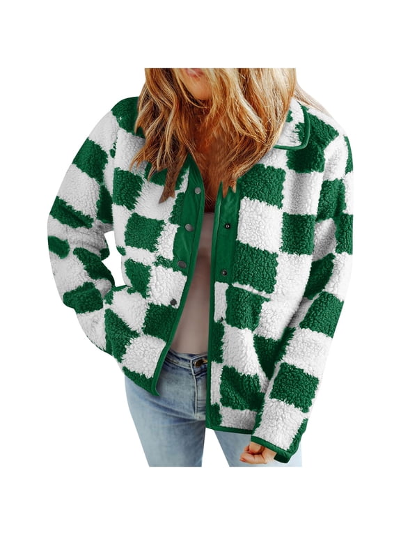 Winter Jacket for Women 2024 Plaid Lightweight Fleece Jacket Button Down Checkerboard Sherpa Coats Warm Loose Outerwear (Green 2XL)