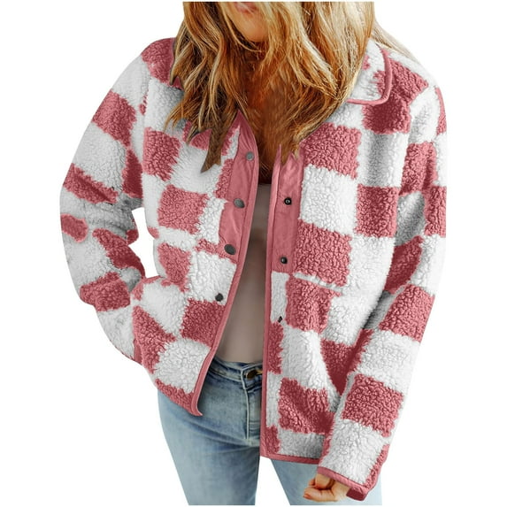 Winter Jacket for Women 2024 Plaid Lightweight Fleece Jacket Button Down Checkerboard Sherpa Coats Warm Loose Outerwear (Pink L)