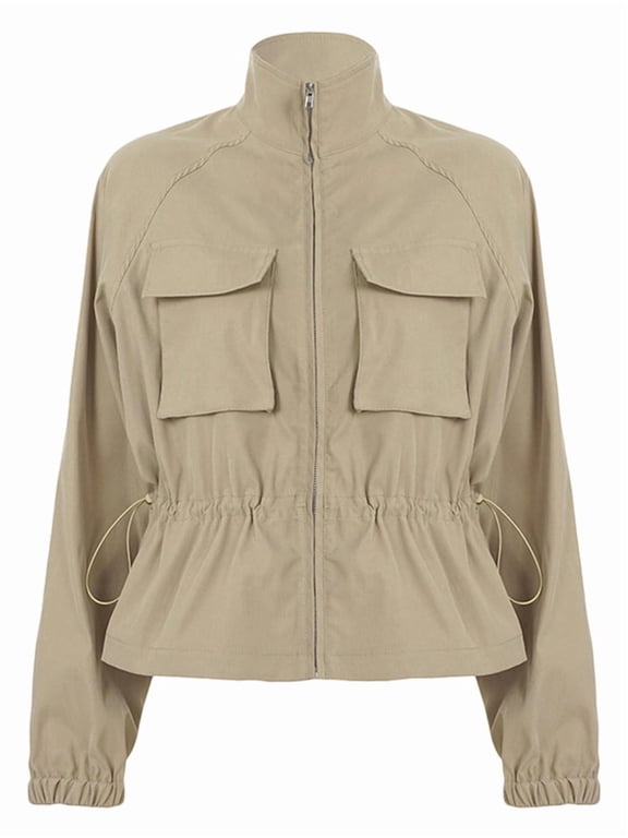 Winter Jacket for Women Long Sleeve Zip Up Going Out Pockets Cargo Jackets Casual Fall Womens Outerwear Khaki M