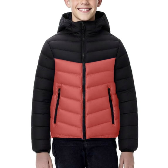Winter Jackets for Boys Color Blocking Casual Sports Warm and Thick Down Jackets Top Zip Up Hoodie Jacket Lightweight Quilted Jacket for Boys and Girls Comfortable Jackets 8-17 Years