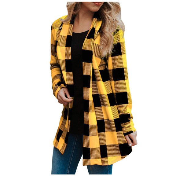 Winter Jackets Charella Shirts for Women Plaid Shirt Long Shacket Jacket Coat Spring Fall Long Cardigan Tops Yellow,L