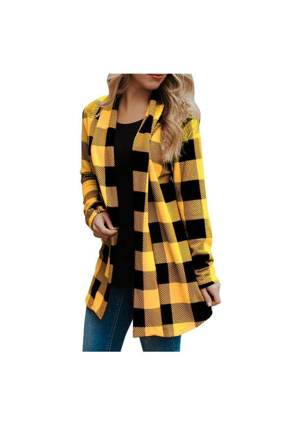 Winter Jackets Charella Shirts for Women Plaid Shirt Long Shacket Jacket Coat Spring Fall Long Cardigan Tops Yellow,L