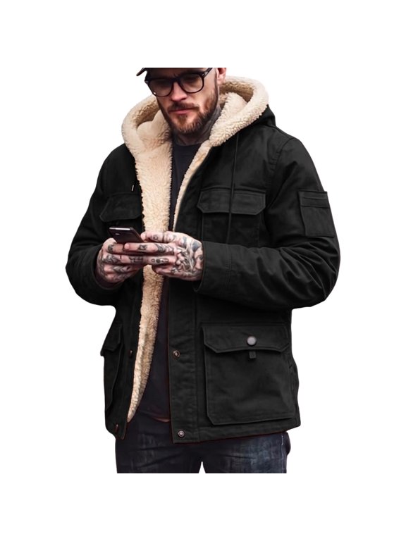 Winter Jackets For Men Vintage Faux Suede Hooded Coat Shearling Lined Multi Pockets Snap Button Down Windproof Warm Outdoor Casual Outfits
