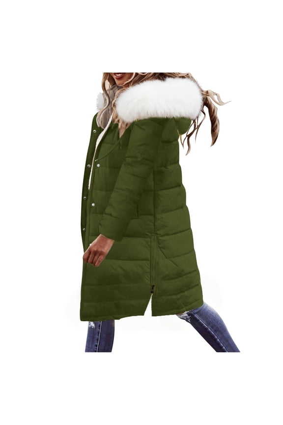 Winter Jackets For Women Detachable Faux Fur Collar Hooded Front Zip Plus Size Thermal Long Outwear With Pockets (3XL, Army Green)