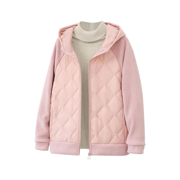 Winter Jackets For Women Hooded Crew Neck Full Zip Quilted Cardigan Casual Loose Stylish Outwear With Pockets (M, Pink)