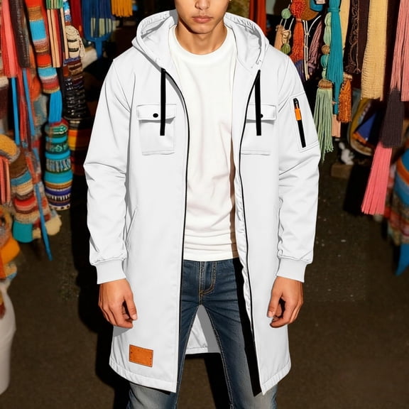 Winter Jackets Men Men Long Hooded Jackets Solid Zipper Pockets Long Sleeve Mid Length Coat Loose Casual Outwear Coats White L