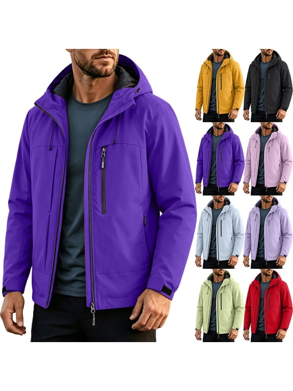 Winter Jackets for Men Waterproof Hooded Solid Color Long Sleeve Workwear Jacket Warm Drawstring Multi Zipper Pockets Outerwear Casual Windbreaker For Work