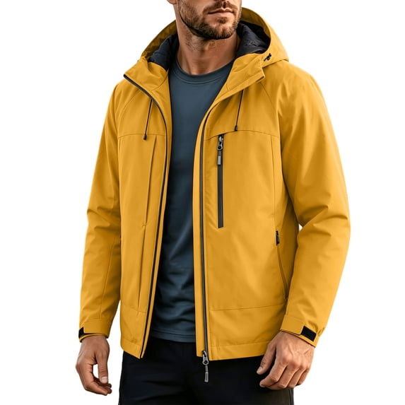 Winter Jackets for Men Waterproof Hooded Solid Color Long Sleeve Workwear Jacket Warm Drawstring Multi Zipper Pockets Outerwear Casual Windbreaker For Work