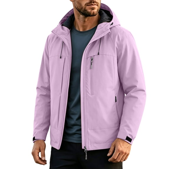 Winter Jackets for Men Waterproof Hooded Solid Color Long Sleeve Workwear Jacket Warm Drawstring Multi Zipper Pockets Outerwear Casual Windbreaker For Work