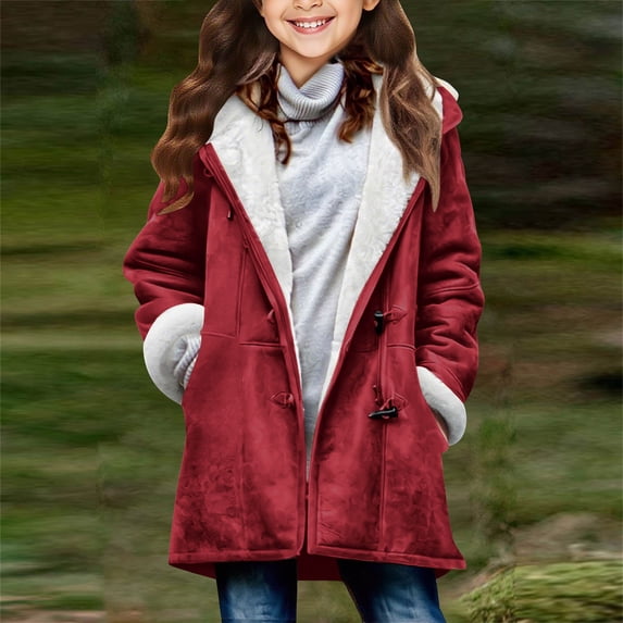 Winter Jackets for Toddler Baby Girl Lightweight New Winter Coats for Girls Long Sleeve Button up Fleece Hoodie Warm Jacket Hooded Thicken Outwear with Pockets Red 6 Years
