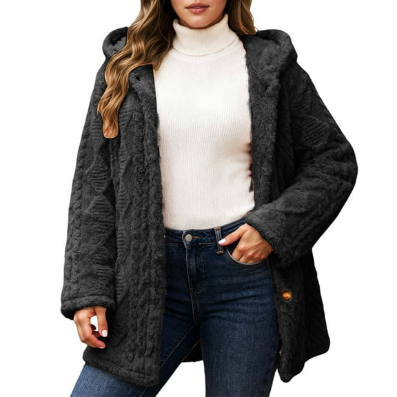 Winter Jackets Women Button Down Thick Hooded Outerwear Jackets Long Sleeve Warm Casual Cozy Fuzzy Women's Winter Coats