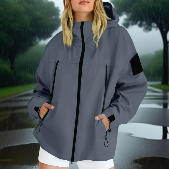 Winter Jackets for Women Lightweight New Rain Jacket for Women Loose Waterproof Lightweight Raincoat Hiking Windbreaker Outerwear with Hood Trench Coat Gray XL